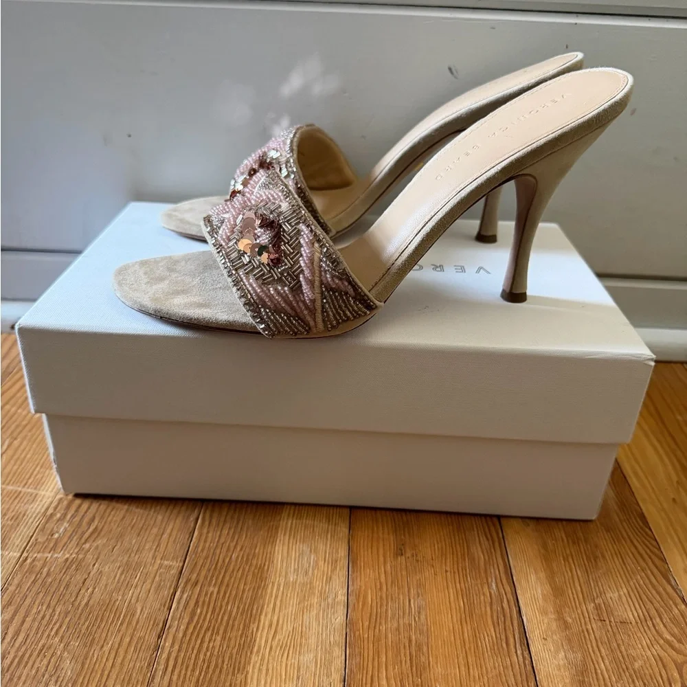 Veronica Beard Beige Beaded Slide Heels - Picture 2 of 5